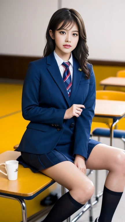 masterpiece, Highest quality, figure, Very detailed, The finer details, High resolution, 8k,wallpaper, Perfect dynamic composition,(Detailed high quality, Realistic depiction of eyes:1.3), (Wavy Hair:1.2), High school classroom、Schoolgirl uniform、blazer 、Super Short Check Uniform Skirt、Navy blue knee-high socks、garter belt、huge 、Disheveled uniform, Short Bob Hair, Black hair color, Large Breasts, Big Natural Color Lip, Bold sexy pose, (Perfect figure), Crying a little、Harajuku Style、20-year-old girl、Cute type, Beautiful feet, Gravure idol pose, Voluptuous thighs, Accurate anatomy、Ultra-high definition beauty face、Ultra HD Hair、Ultra HD The Shining Eyes、The Shining, Super high quality beautiful skin、Super high quality glossy lip