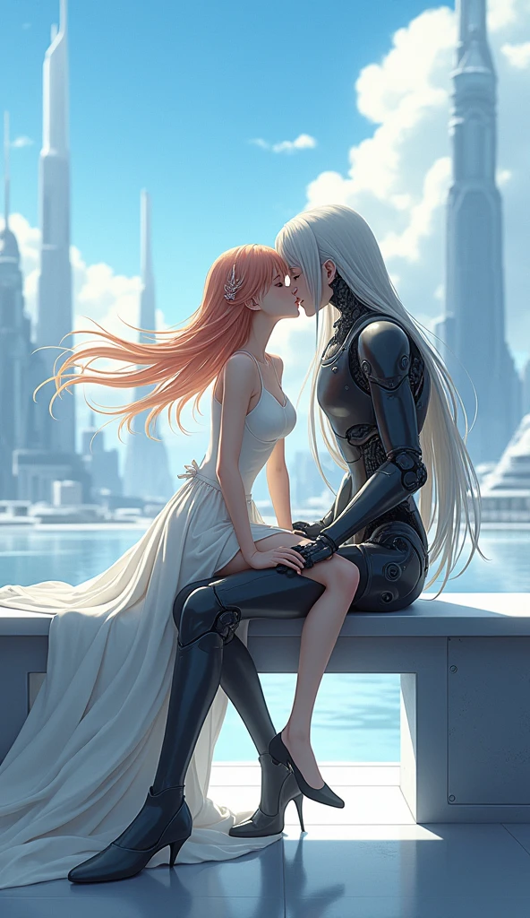 Anime Girls, White Dress, White high heels, Pretty face, Full Height, She is sitting on a bench kissing her long-haired humanoid robot boyfriend、The background is a futuristic landscape