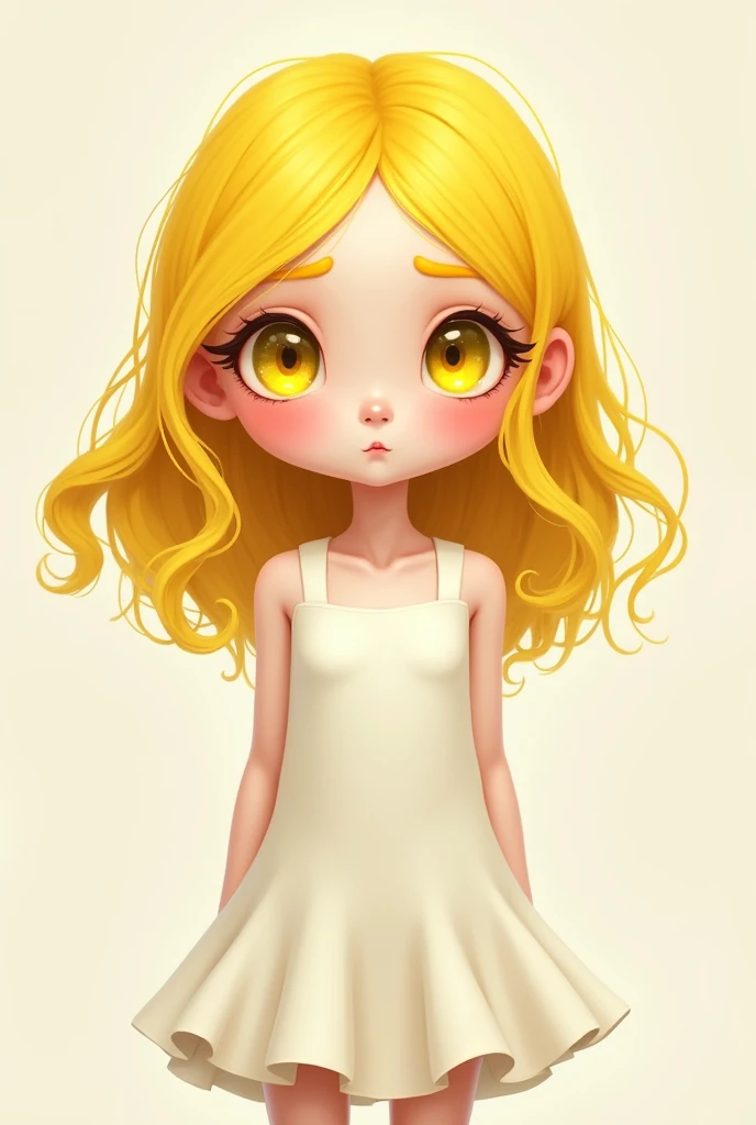 Illutrection a girl with big yellow eyes and long eyebros’ yellow hear and white short dress