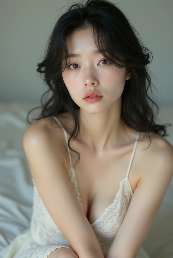 Similar to Japanese actress Kyoko Fukada、White skin、The glossy mouth is open、Hands on knees、Her cleavage is clearly visible through her white lace camisole.
