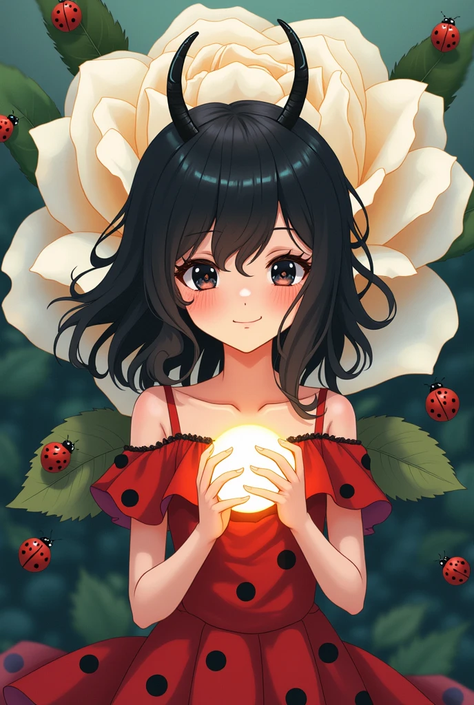 Better image quality. Anime style poster. Make a age girl, eyes black, blackquality hair, wavy, 小柄. tall stature.skin fair, with black spots on the body, has wings and antennae. Make inside a big white rose, with ladybugs. Red dress with black polka dots. He is holding a glowing sphere.