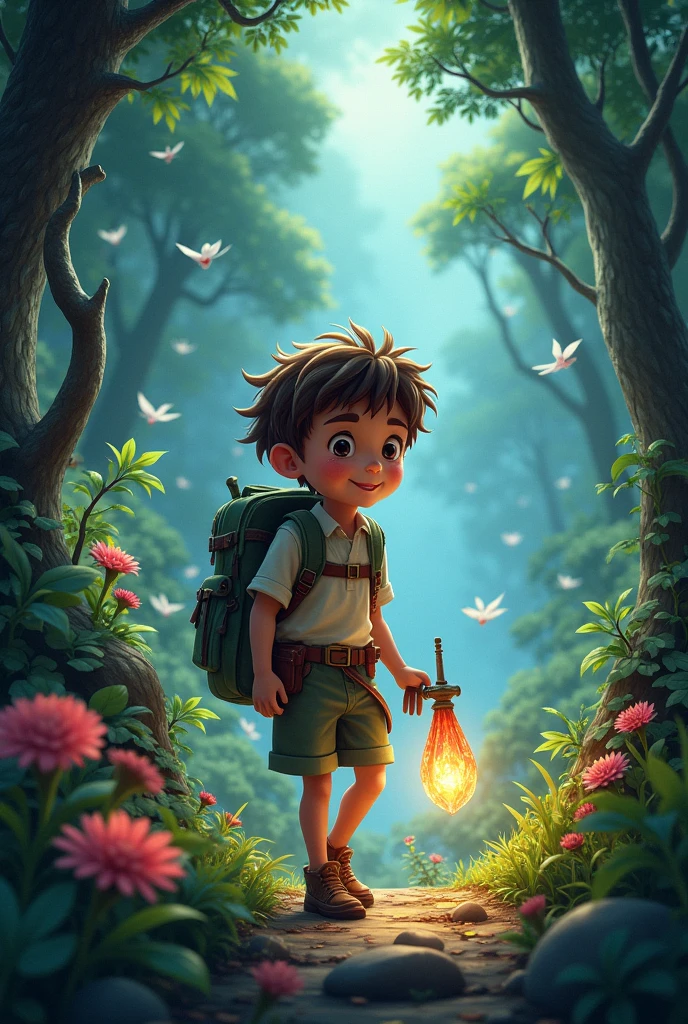 Create an image of Alex in a dense forest, climbing a tall tree to reach a golden leaf. Another scene should depict Alex under a moonlit sky, watching a crystal flower bloom at midnight. Finally, show Alex encountering a majestic Phoenix with fiery plumage, receiving a feather from the legendary bird.