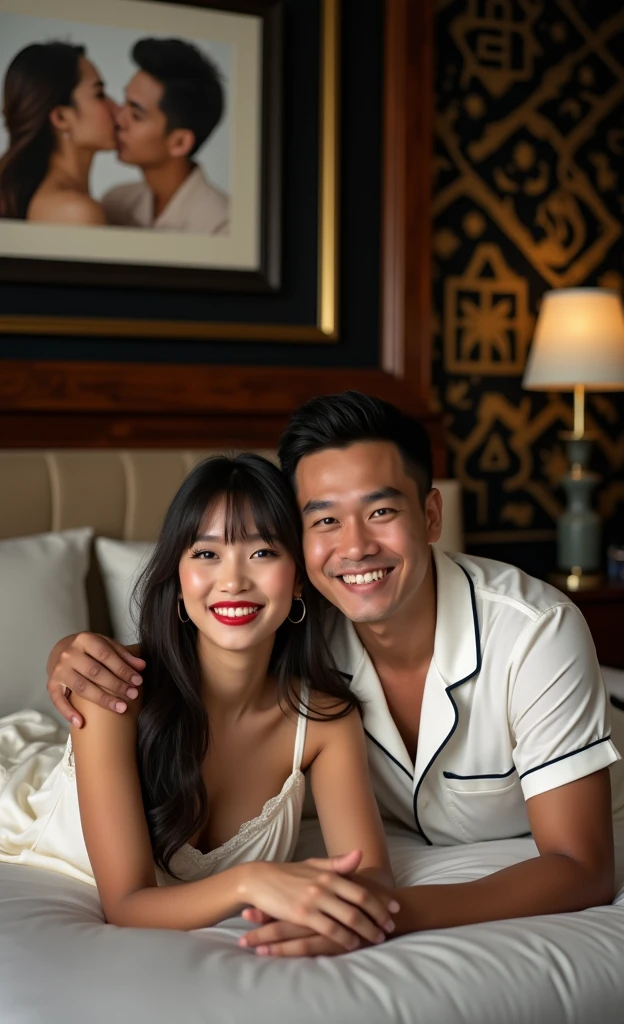Photo of an Indonesian woman with a clean face, beautiful red lips, smiling, long straight hair, bangs, ponytails, wearing a sleeveless nightgown,lying in bed with a handsome Indonesian man with short, neat hair smiling wearing short-sleeved sleepwear. they are lying in bed and wearing short sleeved pajamas looking at the camera, This room is very luxurious having wooden headboard and some decorative and luxurious items.. Black bedroom walls with gold tribal variations, the photo of the woman and man on the bedroom wall is very clear, The lighting is bright., photo, portrait photography