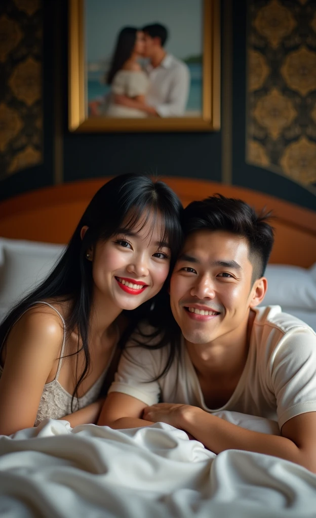 Photo of an Indonesian woman with a clean face, beautiful red lips, smiling, long straight hair, bangs, ponytails, wearing a sleeveless nightgown,lying in bed with a handsome Indonesian man with short, neat hair smiling wearing short-sleeved sleepwear. they are lying in bed and wearing short sleeved pajamas looking at the camera, This room is very luxurious having wooden headboard and some decorative and luxurious items.. Black bedroom walls with gold tribal variations, the photo of the woman and man on the bedroom wall is very clear, The lighting is bright., photo, portrait photography