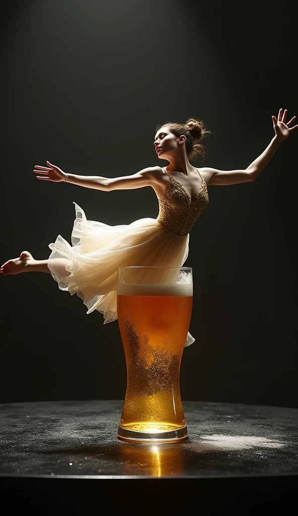 Beautiful Fongbeer Ballroom Dancer, Beer Sad, The dancer jumps out of the beer glass completely., Black table, dark background, HDR, Octane rendering, high resolution