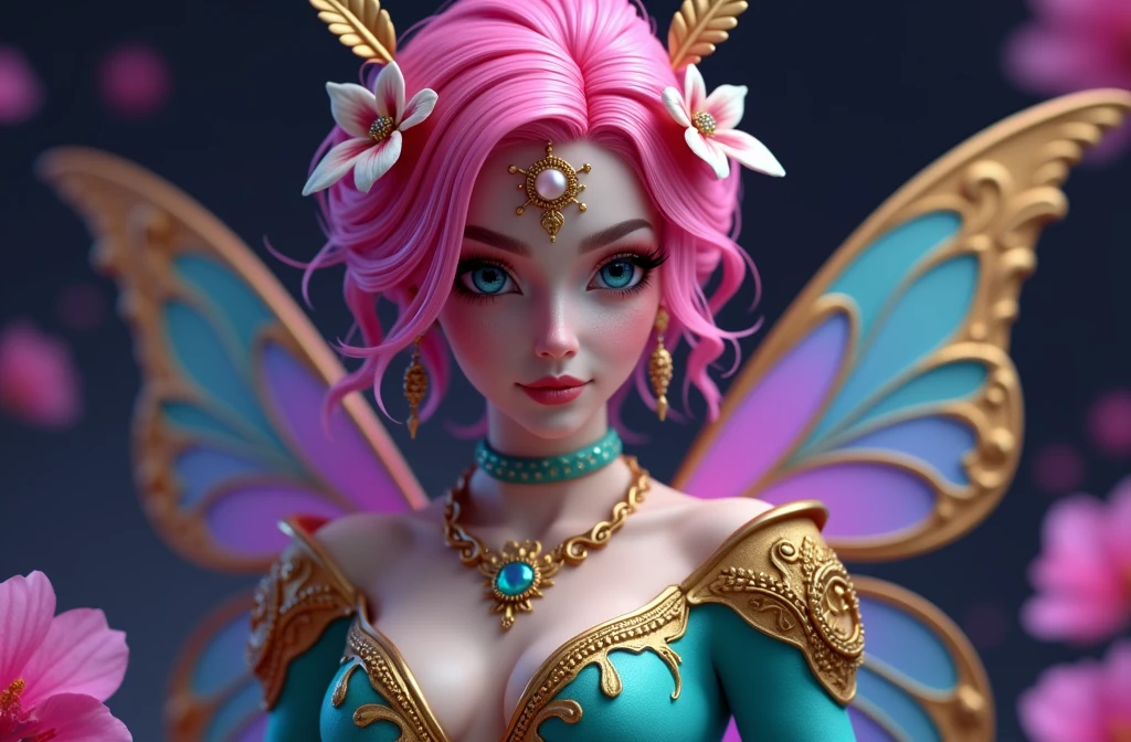 A 24K 3D HD hyper-realistic image of a Latin sexy fairy with neon pink hair adorned with petals and glistening pollen. She is wearing an elegant turquoise and gold outfit with intricate details. The fairy has mesmerizing eyes that sparkle like morning dew. She is standing in a dark fantasy setting with rich colors and textures. The image has a cinematic vibe with vibrant colors and intricate details.