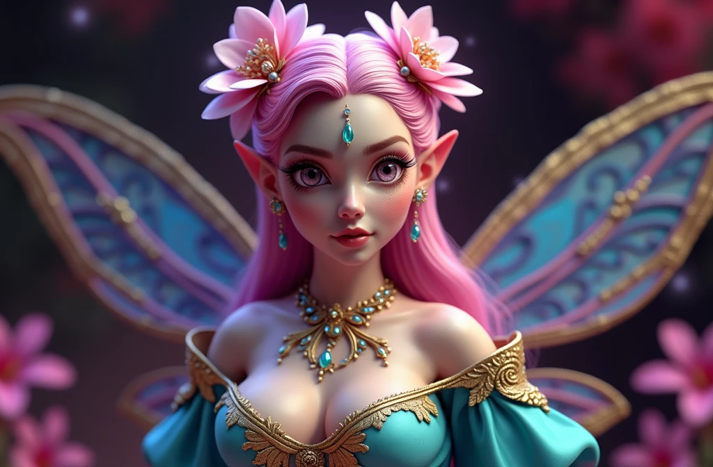 A 24K 3D HD hyper-realistic image of a Latin sexy fairy with neon pink hair adorned with petals and glistening pollen. She is wearing an elegant turquoise and gold outfit with intricate details. The fairy has mesmerizing eyes that sparkle like morning dew. She is standing in a dark fantasy setting with rich colors and textures. The image has a cinematic vibe with vibrant colors and intricate details.