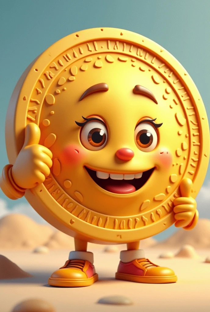 mascot as acoin with a person's face and a thumbs-up engraved on it