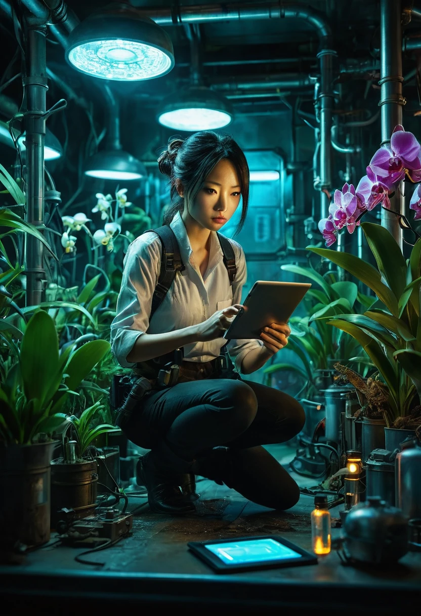 Genius botanist lady ducktail Misaki, she crouching behind an elaborate metal device, holding a tablet with incriminating data, and in her other hand a weapon she holds a standard flashlight, A futuristic secret laboratory, rows of glowing cylindrical containers filled with rare orchids, bioluminescent plants emitting an eerie blue-green light, Alarms blinking red, steam hissing from pipes, floor reflective, holographic display showing molecular structure of plants, vial of liquid glowing in foreground, exit sign illuminated in distance, cinematic action scene composition, saturated colors, lens flare, ultra-detailed, intricate detail Highly Detailed Eyes, Faded, 16K resolution, RAW, Nikon Z9, Creative, Masterpiece, Fantasy, High Definition, High Quality, 8k, Realistic, Dramatic Lighting, Soft Focus, Digital Illustration, Intricate Mechanics, Advanced Techniques, Dark Background Cinematic, High Contrast, High Contrast Atmosphere, (Best Quality, 4k, 8k, High Definition, Masterpiece: 1. 2), Ultra-Detailed, (Realistic, Graphic, Photorealistic: 1. 4) -- No Glass --AR 16:9 --Stylize 1000