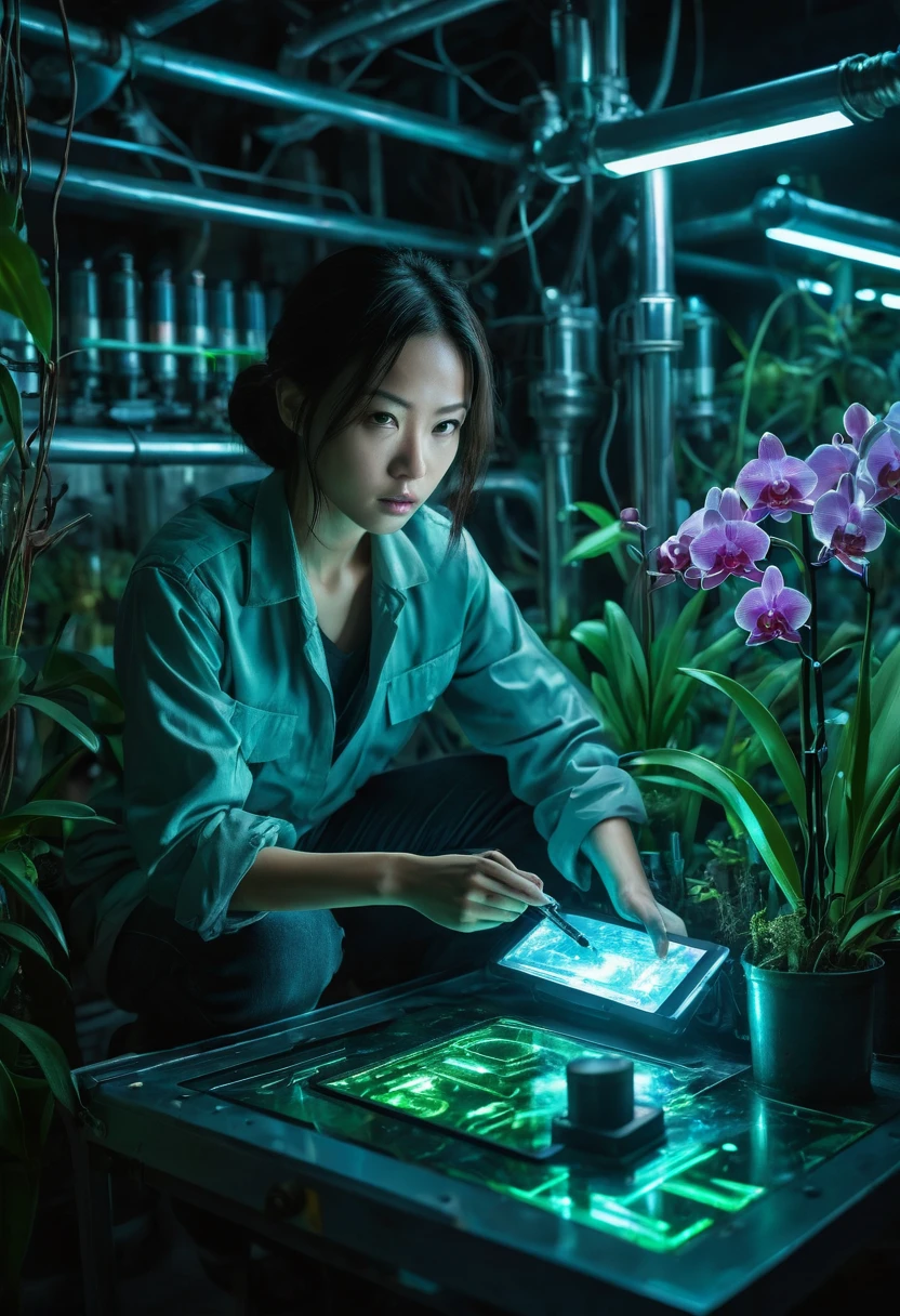 Genius botanist lady ducktail Misaki, she crouching behind an elaborate metal device, holding a tablet with incriminating data, and in her other hand a weapon she holds a standard flashlight, A futuristic secret laboratory, rows of glowing cylindrical containers filled with rare orchids, bioluminescent plants emitting an eerie blue-green light, Alarms blinking red, steam hissing from pipes, floor reflective, holographic display showing molecular structure of plants, vial of liquid glowing in foreground, exit sign illuminated in distance, cinematic action scene composition, saturated colors, lens flare, ultra-detailed, intricate detail Highly Detailed Eyes, Faded, 16K resolution, RAW, Nikon Z9, Creative, Masterpiece, Fantasy, High Definition, High Quality, 8k, Realistic, Dramatic Lighting, Soft Focus, Digital Illustration, Intricate Mechanics, Advanced Techniques, Dark Background Cinematic, High Contrast, High Contrast Atmosphere, (Best Quality, 4k, 8k, High Definition, Masterpiece: 1. 2), Ultra-Detailed, (Realistic, Graphic, Photorealistic: 1. 4) -- No Glass --AR 16:9 --Stylize 1000