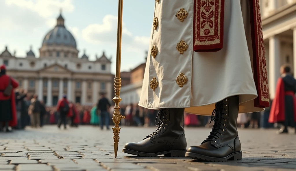 The camera is on the ground and the focal point of the image is the Pope's feet and next to it a golden papal scepter. The Pope is wearing brown laceless, high-top leather boots with a zipper on the inside, typical of field workers. The Pope wears a white tunic decorated with papal insignia and a long cloak. The backdrop is a panoramic view of St. Peter's Square in the Vatican, crowded with tourists. The scene captures the moment of religious significance and the historical and artistic richness of St. Peter's Square. Ultrarealistic Ultrarealistic photo, 16k, ultra high resolution, photorealistic, Ultra HD.