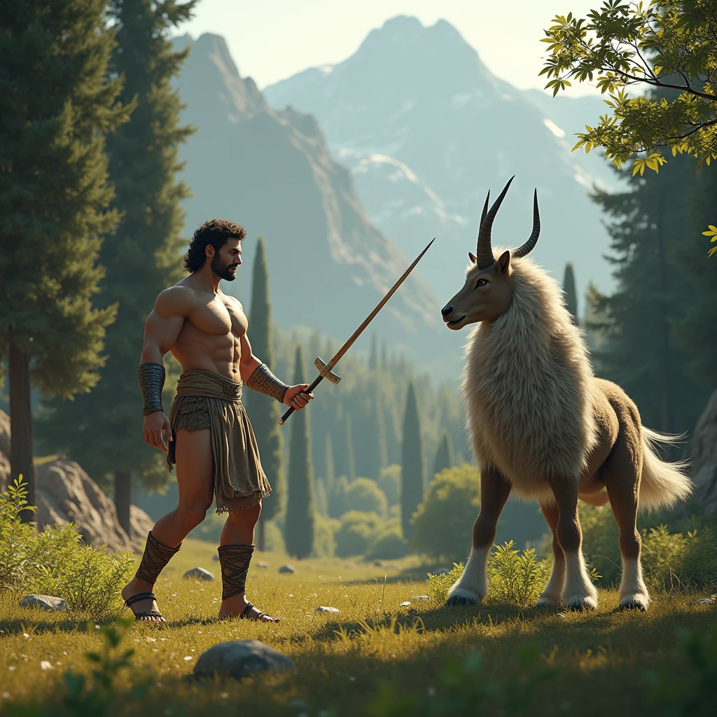 Hercules as a young man, muscular and determined, Ancient Greece, wearing a tunic and sandals, outdoors in a forest clearing, training in combat with the centaur Chiron, trees and mountains in the background, wide shot, hyper-realistic, photo realism, cinematography --ar 1:1