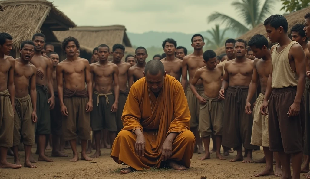 A group of villagers mocked bully to a monk and a monk look so sad in Cambodia 1900