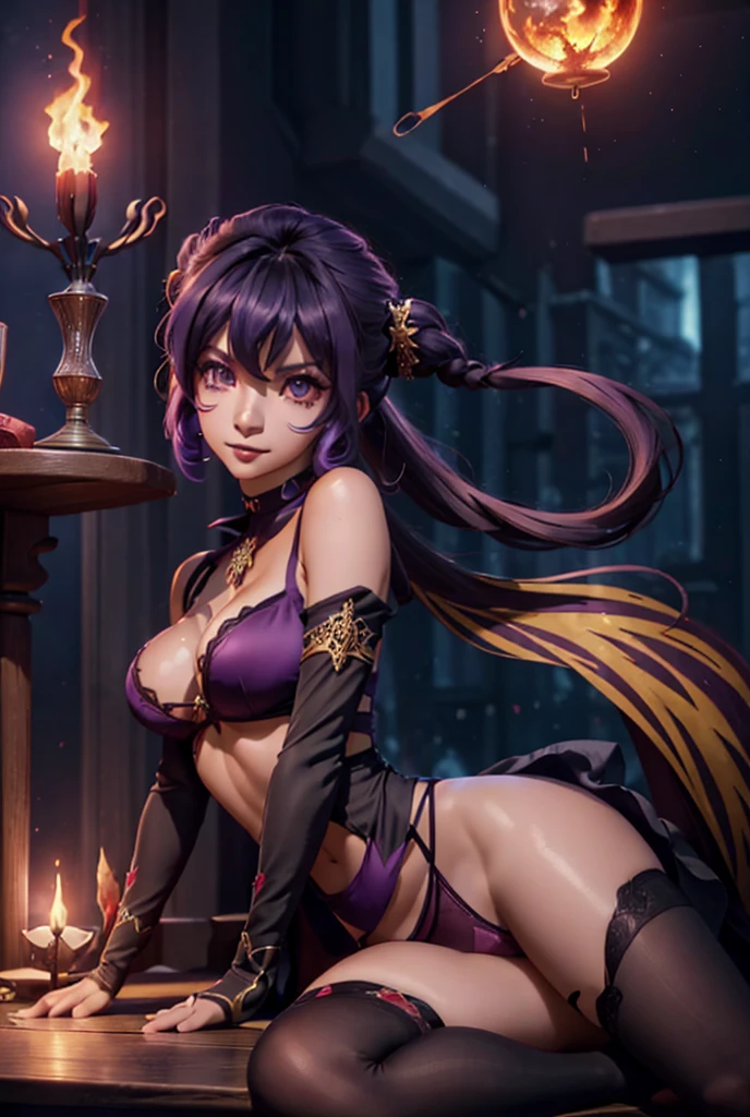 ((masterpiece)), ((best quality)), (high resolution), (illustration), (an extremely delicate and beautiful), (ultra detailed beautiful face and eyes), nsfw, 1girl, leaning forward, YukineChris, long hair, purple eyes, twintails, low twintails, ahoge, large breasts, satin playboy bunny, fishnet pantyhose, red a bow tie, volumetric lightning, detailed skin texture, detailed, volumetric shadow, anime screencap,Lying down、Highest quality, Sorceress, ancient babylonian nobility, ((tan skin:1.2)), (brown skin color),Long hair, twin braids, hair ornament, wine colored hair, smile, Below average size breasts, bare shoulders, (underboob:0.9), (thighs:0.9), athletic, Babylonian dress, fantasy, navel cutout, two veils from neck to thigh covering breasts, (sideless:1.1), (thighhighs:0.9), sitting, pose, mesh under bodystocking, (fireball:1.1), (flames:1.1), classy babylonian room, night, (underlighting:0.9), sharp focus, looking at viewer, (intricate:1.1), (purple tone:1.1), (red tone:0.9), ancient persian panorama seen from a window, llustration, anime coloring, high contrast, holding a single wine glass in right hand, holding a magical fireball in left hand, adult, bridal gloves, detached sleeves, veiled sleeves, loose sleeves, ornate jewellery, jewelled metal bracelets, choker, (vibrant makeup:1.4), (vibrant eyeliner:1.4), (vibrant bodypainted lines:0.7), athletic, toned, high heels, background has exquisite furniture, dragon skull mounted on a wall, magical staff mounted on a wall, bookcases, ancient scrolls, magic tome open on a pedestal, expensive cushions,Nude、Large guns、Dual pistols