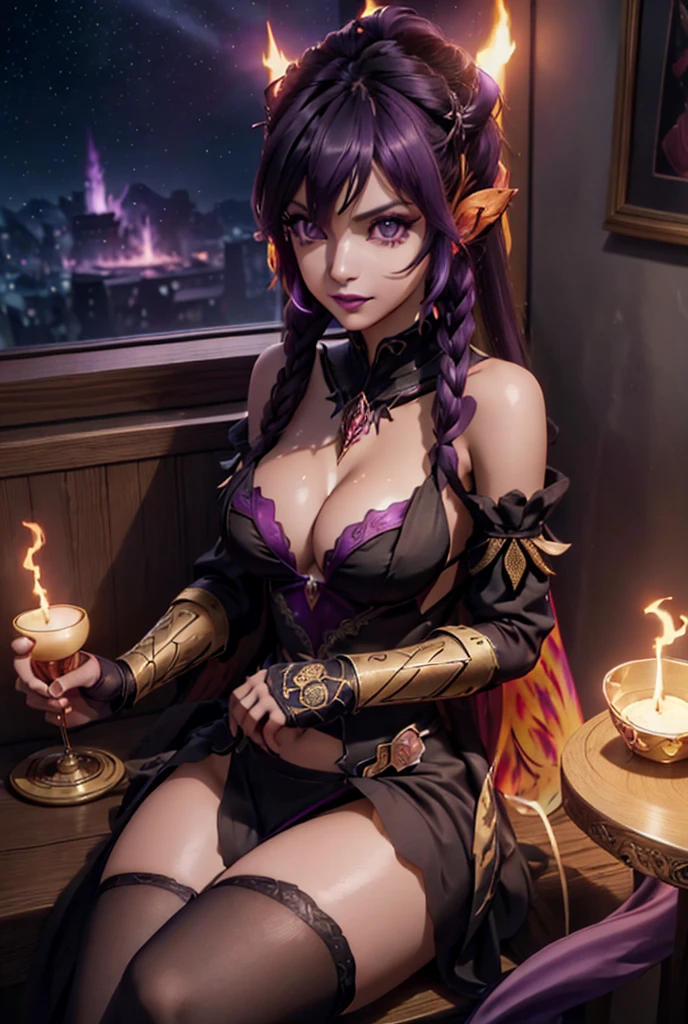 ((masterpiece)), ((best quality)), (high resolution), (illustration), (an extremely delicate and beautiful), (ultra detailed beautiful face and eyes), nsfw, 1girl, leaning forward, YukineChris, long hair, purple eyes, twintails, low twintails, ahoge, large breasts, satin playboy bunny, fishnet pantyhose, red a bow tie, volumetric lightning, detailed skin texture, detailed, volumetric shadow, anime screencap,Lying down、Highest quality, Sorceress, ancient babylonian nobility, ((tan skin:1.2)), (brown skin color),Long hair, twin braids, hair ornament, wine colored hair, smile, Below average size breasts, bare shoulders, (underboob:0.9), (thighs:0.9), athletic, Babylonian dress, fantasy, navel cutout, two veils from neck to thigh covering breasts, (sideless:1.1), (thighhighs:0.9), sitting, pose, mesh under bodystocking, (fireball:1.1), (flames:1.1), classy babylonian room, night, (underlighting:0.9), sharp focus, looking at viewer, (intricate:1.1), (purple tone:1.1), (red tone:0.9), ancient persian panorama seen from a window, llustration, anime coloring, high contrast, holding a single wine glass in right hand, holding a magical fireball in left hand, adult, bridal gloves, detached sleeves, veiled sleeves, loose sleeves, ornate jewellery, jewelled metal bracelets, choker, (vibrant makeup:1.4), (vibrant eyeliner:1.4), (vibrant bodypainted lines:0.7), athletic, toned, high heels, background has exquisite furniture, dragon skull mounted on a wall, magical staff mounted on a wall, bookcases, ancient scrolls, magic tome open on a pedestal, expensive cushions,Nude、Large guns、Dual pistols