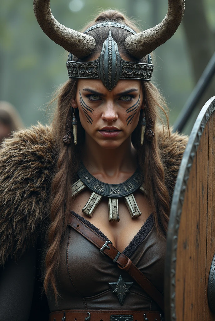 Close rosto rainha viking, wooden shield in hand, eagle wings crown , tribal design on the eyes, Angry, bone ornaments on the neck, leather armor, focused