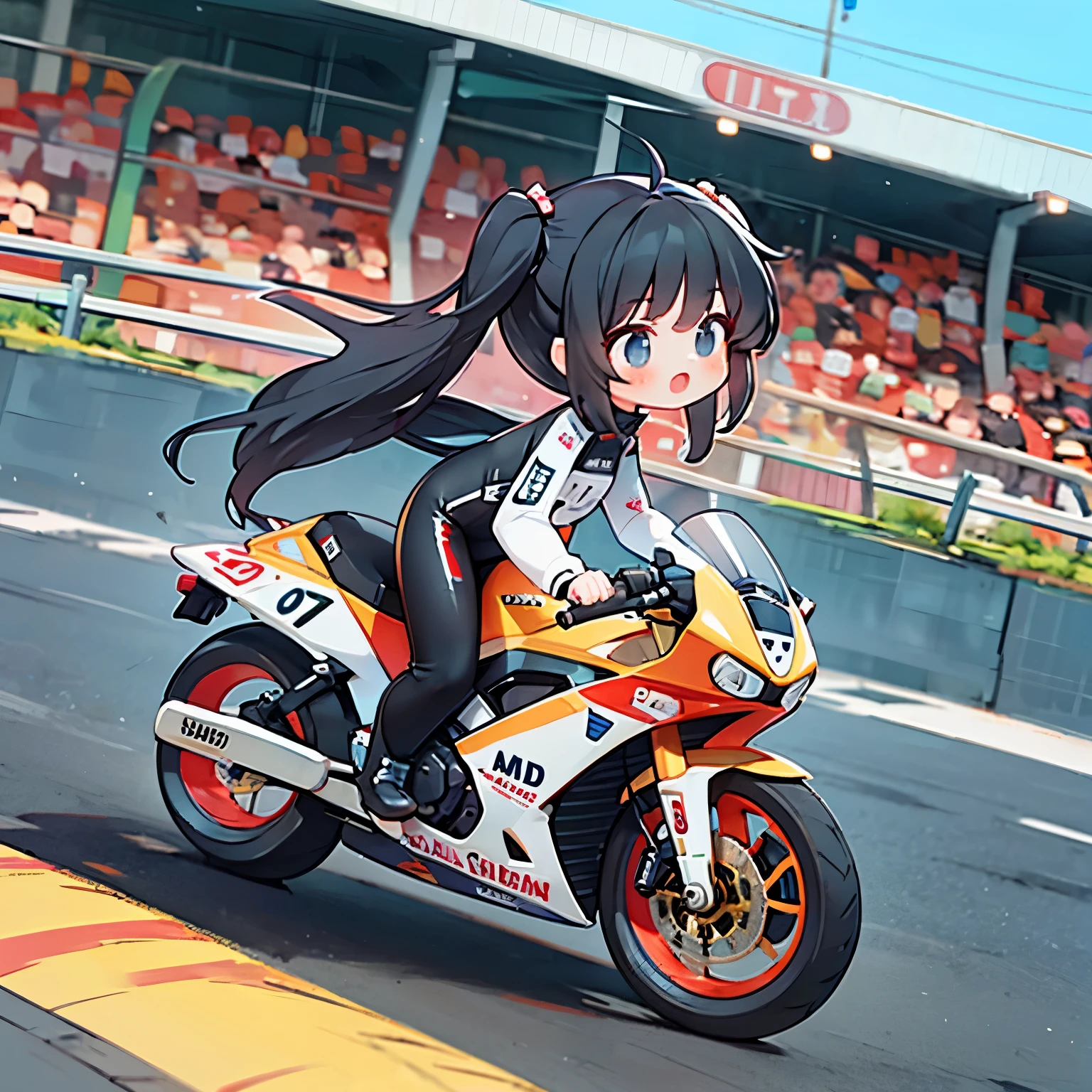 Little mascot girl, Rear view of a female racer racing on a road bike, Black Hair, semi-long, stylish, Road Bike Racing, Behind the scenes of a heated battle between multiple road racers, speed, boost mood, Panning View, A rear view of a female racer chasing another female racer ahead of her, Chasing from behind, Back depiction，