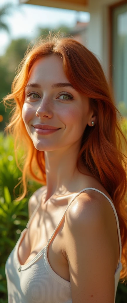 masterpiece、1. absolute realism、hyperrealistic photography、Light skin with Latin undertones、((Waist-up representation:1.5))、(ultra high resolution)、(8k)、(Extremely realistic details)、(Long hair, redhead, slightly wavy)、(Detailed hair texture)、calm and natural expression、light but genuine smile、large and expressive eyes、Green eyes with depth、Long and natural eyelashes、Warm natural garden lighting、Soft sunlight filtered through the leaves、Direct gaze into the camera with warmth、Toned and healthy body、slim and defined waist、Natural environment with green garden and vibrant flowers、Modern house in background、Relaxed and homely atmosphere、casual summer and relaxed clothing、((minimal neckline:0.1))、Fresh and natural look without excessive makeup、Realistic skin texture with pore details and natural highlights、Naturally hydrated lips、soft shadows created by sunlight、subtle latin features