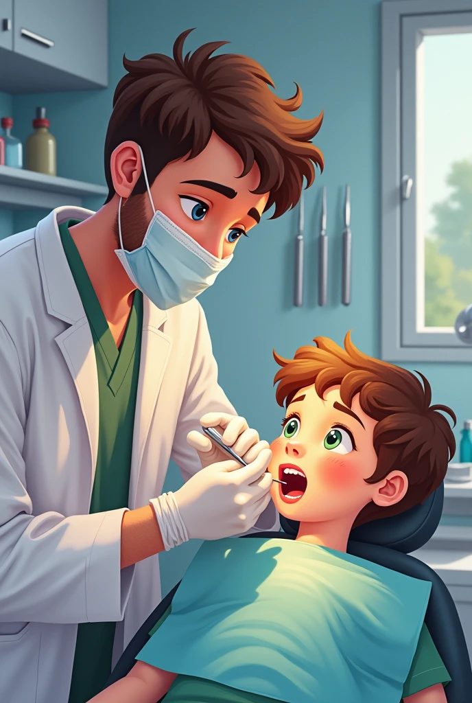 Drawing of a young male dentist performing a treatment to fill a tooth with cavities on a child with brown hair, green eyes and pretty round cheeks
