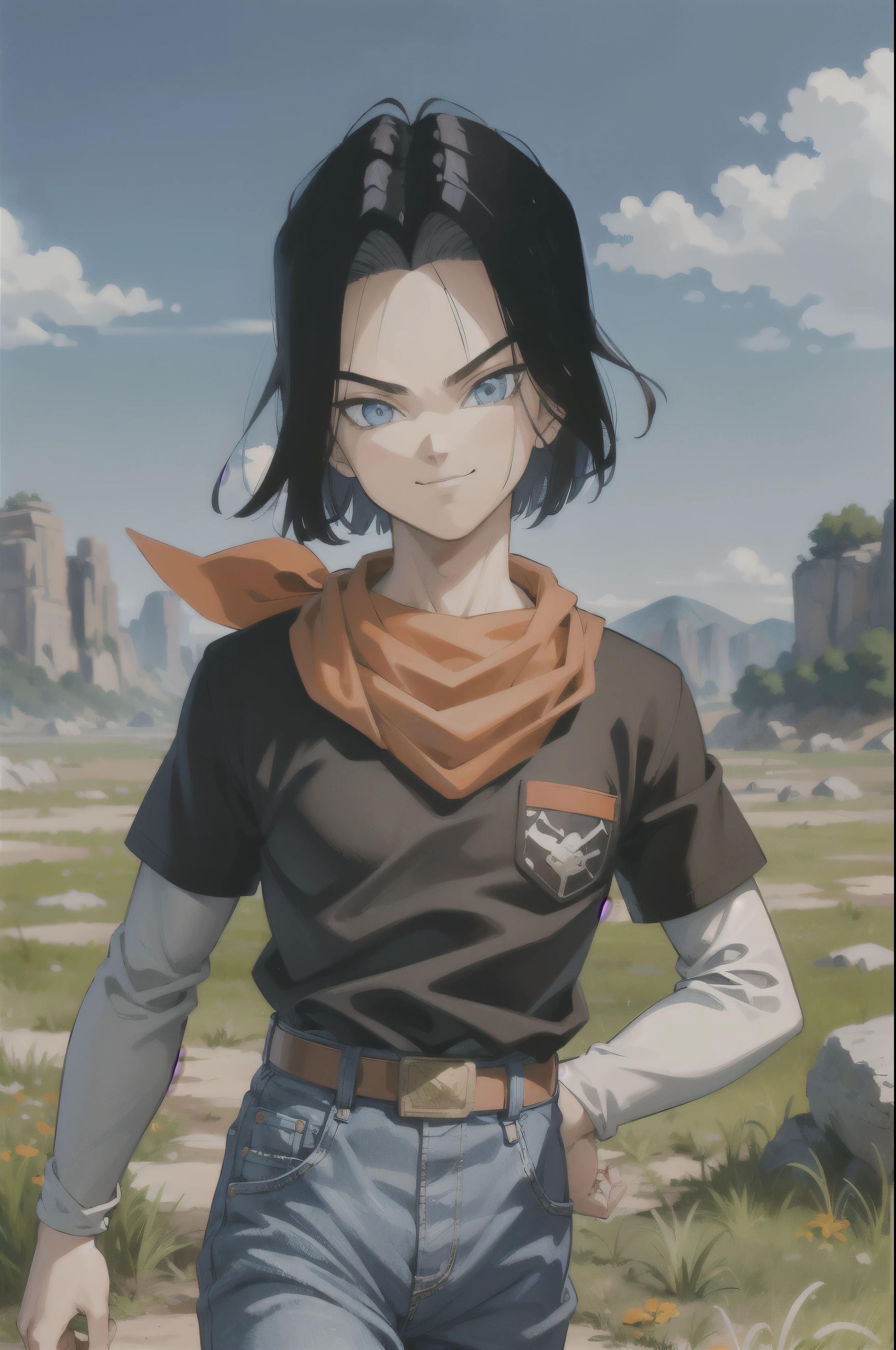 (8k, best quality, masterpiece:1.2),blue sky,rocky grassfields,1boy,android , (black shirt), orange bandana, jeans,brown belt,layered shirt,white sleeves,black hair, blue eyes, parted hair,red patch, short hair,upper body, evil smile, looking at viewer