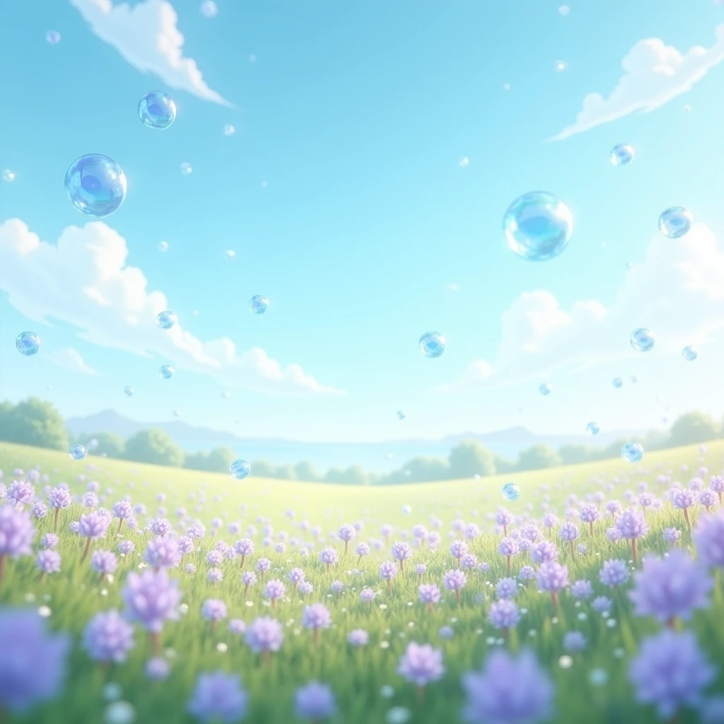 spring field of pastel purple flowers. Image should show the blue sky with blue clear bubbles floating around.