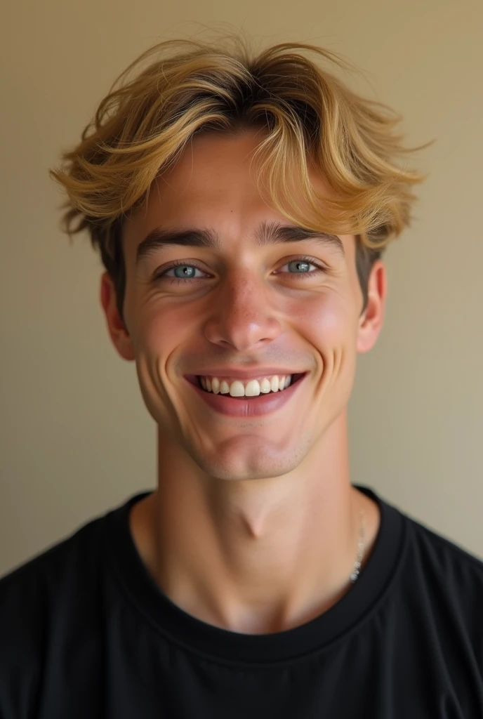 (photorealism:1.2) Create a photo of an attractive man, white and delicate skin, 20 years old, big blue eyes, perfect smile with dimples, yellow and messy semi-long hair, athletic, elongated face, black t-shirt with collar, thick and well-defined eyelashes, realistic, intricate details, warn colors,