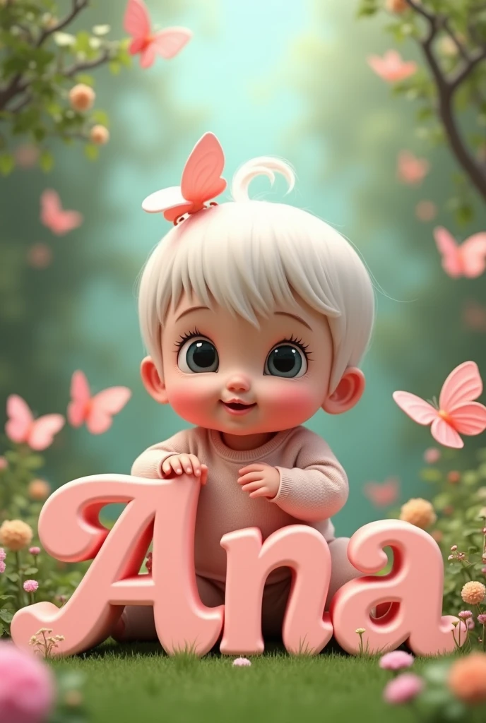 name Ana Flor in 3D light pink, the letter is facing the image, bebe de 1 ano cabelo com lisos branca tema enchanted garden juntamente segurando o nome Ana Flor com borboletas e flores fofas, on the other side of the name Ana Flor ,enchanted garden, all together with the name Ana Flor on a white background, quality 20k, Pixar-style