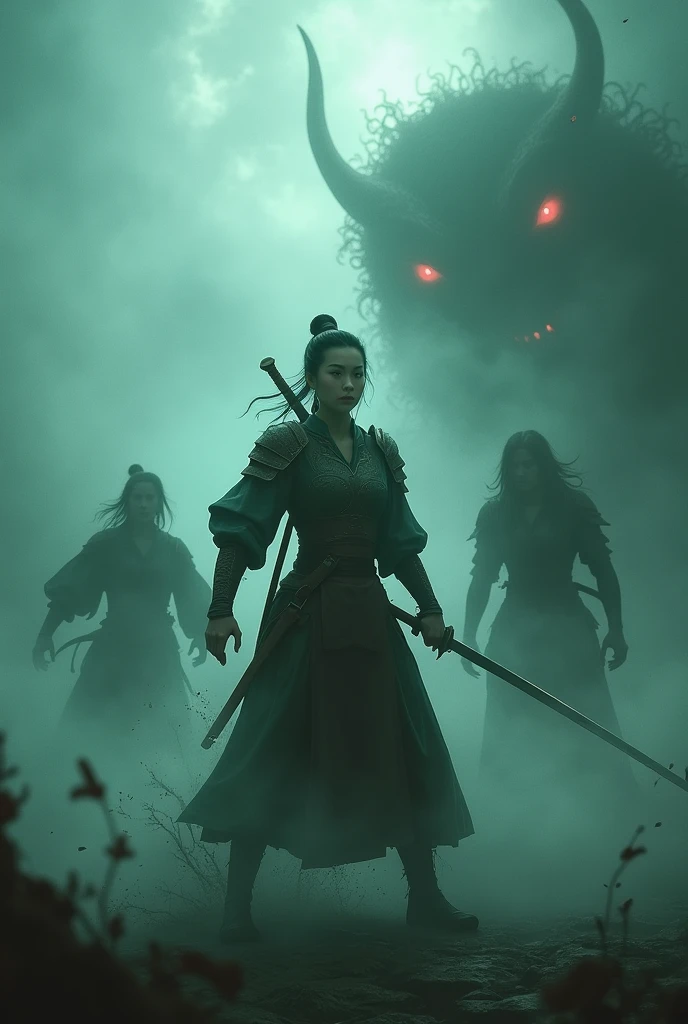 Draw me Mulan fighting the monsters from the movie "the fog"