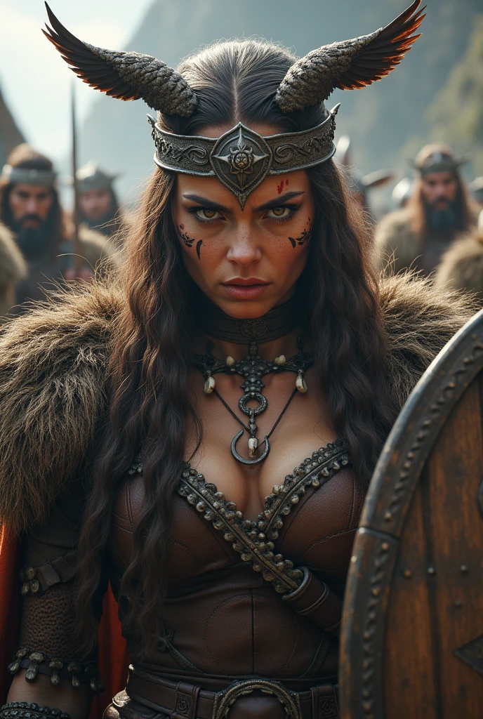 Close rosto rainha viking, wooden shield in hand, eagle wings crown , tribal design on the eyes, Angry, bone ornaments on the neck, leather armor, focused