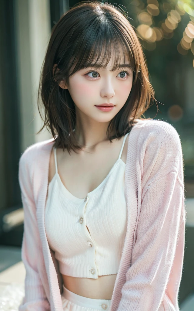 Tabletop, Highest quality, 8k, 20th Generation, 大きな豊かなchest, cute, alone, sad, cute, Girlish, Delicate girl, Pure beauty,  RAW Photos, Professional photography, Portraiture, Soft Light, Professional Lighting, Backlight, Upper Body, avert your eyes, Sophisticated, Film Grain, (Eye and facial details:1.0), floating short hair, beautiful, Flowing Hair, bangs, Pink Cardigan、chest、 outside、Nipples