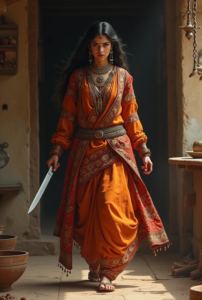 A aggressive common Rajput queen comming out from her old kitchen with holding a knife in her hand