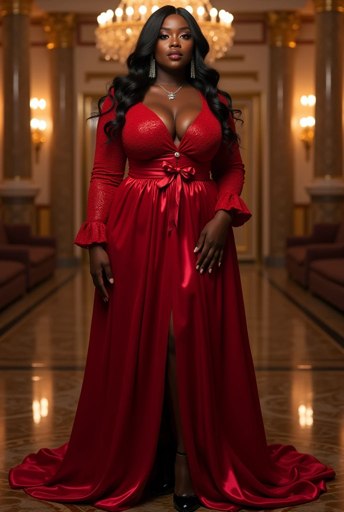 Vibrance glossy satin of The AVN Award for Sultry Plus-Size Exhibitionist Amorous voluptuous MILF dark skin women deep v neck blouse BOOB cleavage OF with Boob Cleavage Breasts: An adult beautiful woman, tall and elegant, stands in a grand hall, captured in the highest quality. The scene is illuminated with afterglow and god rays, enhancing the overall ambiance. She is dressed in a luxurious red latex dress with a grand Victorian wedding gown influence, featuring long sleeves and a dramatic skirt. The dress is adorned with ornate details, including a bow and ribbon, and a chest jewel that adds a touch of opulence. Her look is completed with black latex stockings, rim lighting accentuating her silhouette in full body view. The high-resolution and high-detail image highlight the intricate elements of her outfit and the sophisticated atmosphere of the setting.