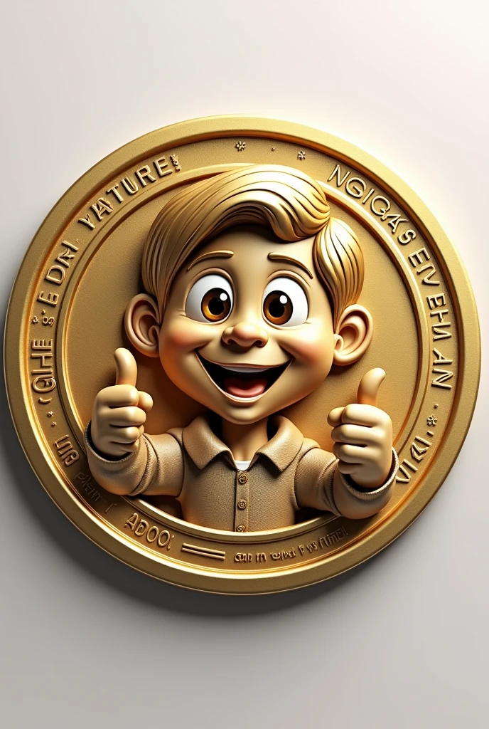 mascot as acoin with a person's bust and a thumbs-up engraved on it