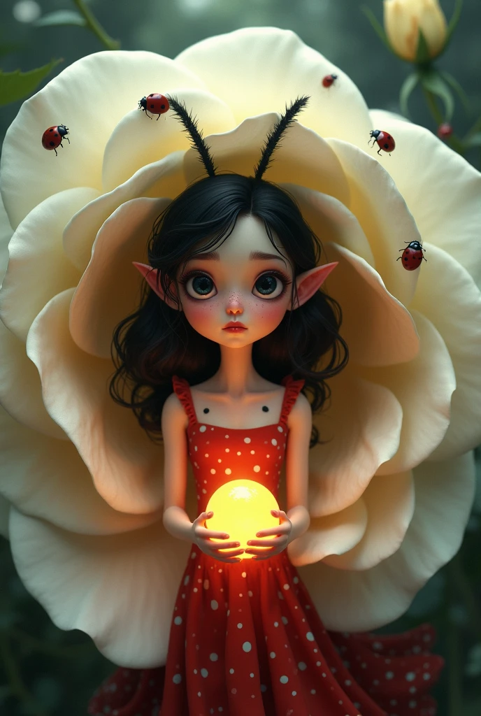 Better image quality. Pixar style poster. Make a teenage girl, eyes black, blackquality hair, wavy, 小柄. tall stature.skin fair, with black spots on the body, has wings and antennae. Make inside a big white rose, with ladybugs. Red dress with black polka dots. He is holding a glowing sphere.