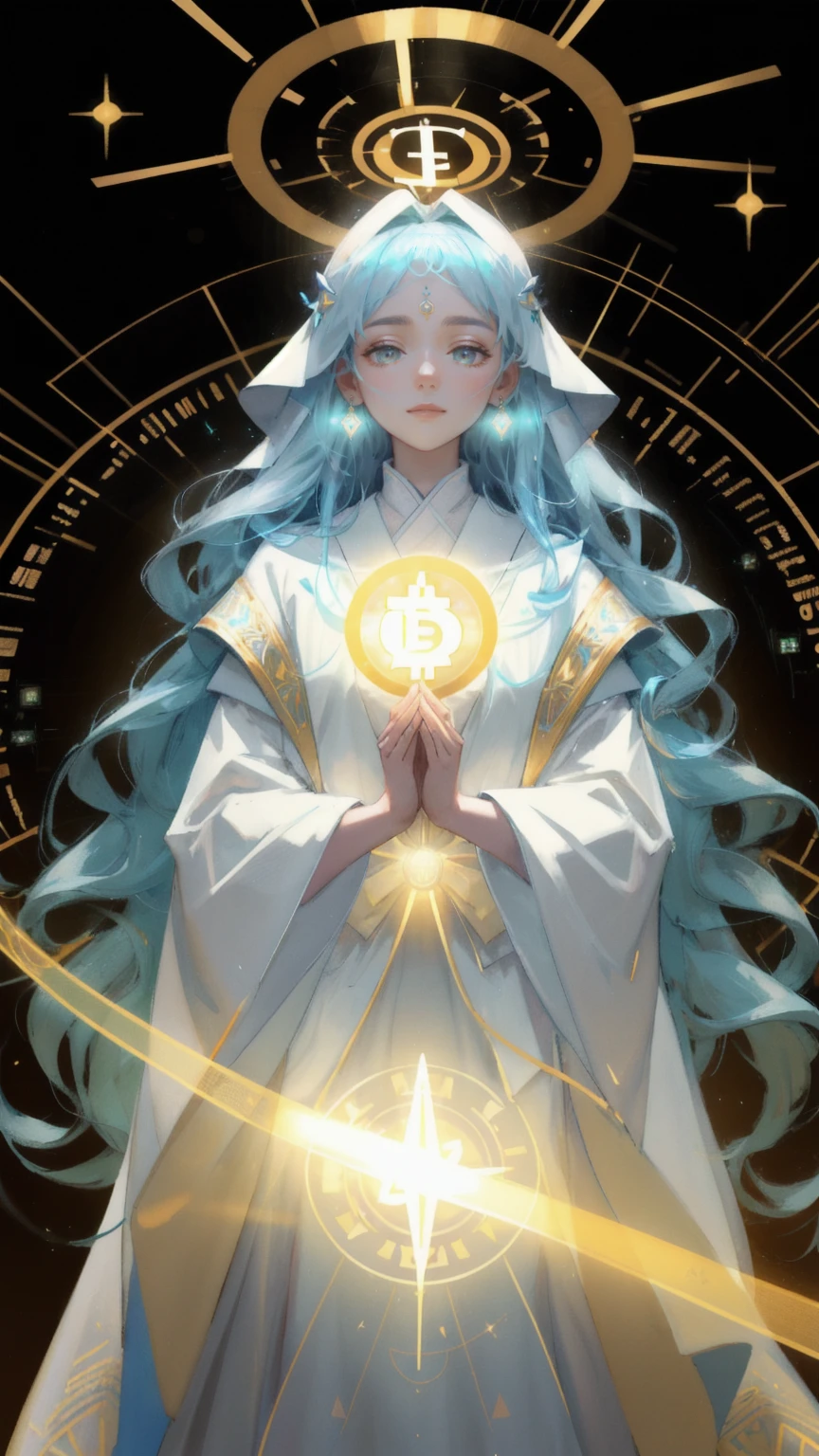 An ethereal image of a spiritual healer with a serene expression, dressed in a flowing robe, adorned with cryptocurrency symbols like Bitcoin and Ethereum. The healer holds a glowing golden Bitcoin symbol between their hands, radiating light and energy. Surrounding them are digital elements, circuit patterns, and subtle holograms symbolizing blockchain technology. The background is a vibrant yellow, with light beams and divine aura accentuating the healer’s presence, evoking a sense of faith, trust, and wisdom in the crypto world.