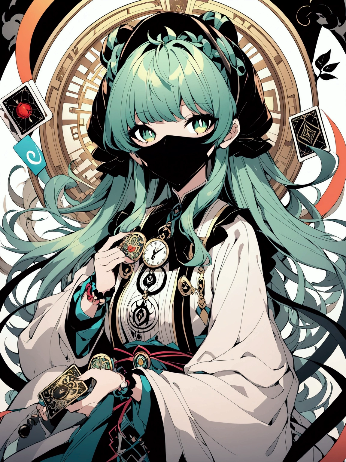 Waifu trading card back design, mysterious girl with green hair, wearing a black mask with a question mark, holding pocket watch and tarot cards, kind and gentle expression, vibrant and abstract background, intricate details, sharp and dynamic, vibrant colors, high contrast, fantasy anime style, sharp lines, neon accents, elegant composition
