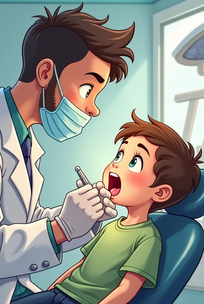 Drawing of a boy with green eyes, Brown hair, nice round cheeks and scared, in a dental office being attended to by a kind and friendly male dentist.