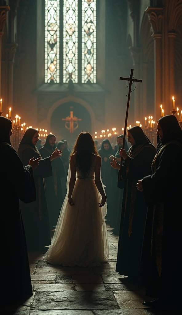 Close-up shot, Low angle shot, (A haunting scene inside a medieval church, where a group of priests performs an exorcism on a young woman who is dancing uncontrollably. The priests, dressed in elaborate robes, hold crucifixes and holy water, their faces stern and determined. The woman’s face is contorted in terror, her movements frantic and involuntary, as if driven by an unseen force. The background features the gothic architecture of the church, with tall, stained glass windows and flickering candles, casting eerie shadows that add to the sense of supernatural dread.) unreal engine, cinematic, hyper-real, highly detailed, hyper-realistic, ultra realistic HD --q 2 --v 6.1 --ar 9:16  