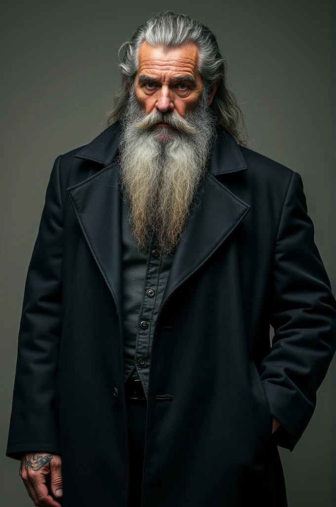 A tall man(1,87) 50 years old, big and imposing beard with long hair, both gray, wear a black coat, has a renegade tattoo on his left wrist, a stab scar on the right eyebrow, crooked arms.