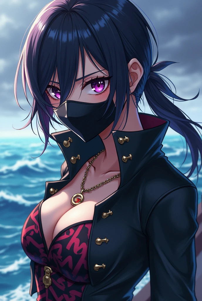 Create a character in the anime sense Pirate with hair on the eye and black Put on a mask 
