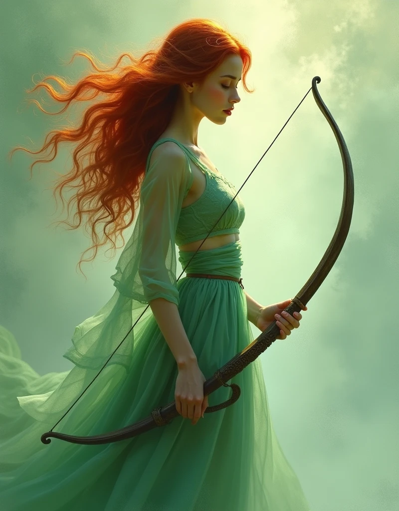 high quality, 8k ultra high definition. In this ethereal image, A beautiful red-haired archer is captured, standing athletically in a pale green haze; John Singer Sargent&#39;s precision highlights the woman&#39;s features, adds an enigmatic, yukisakura depth, Stunning in full color,