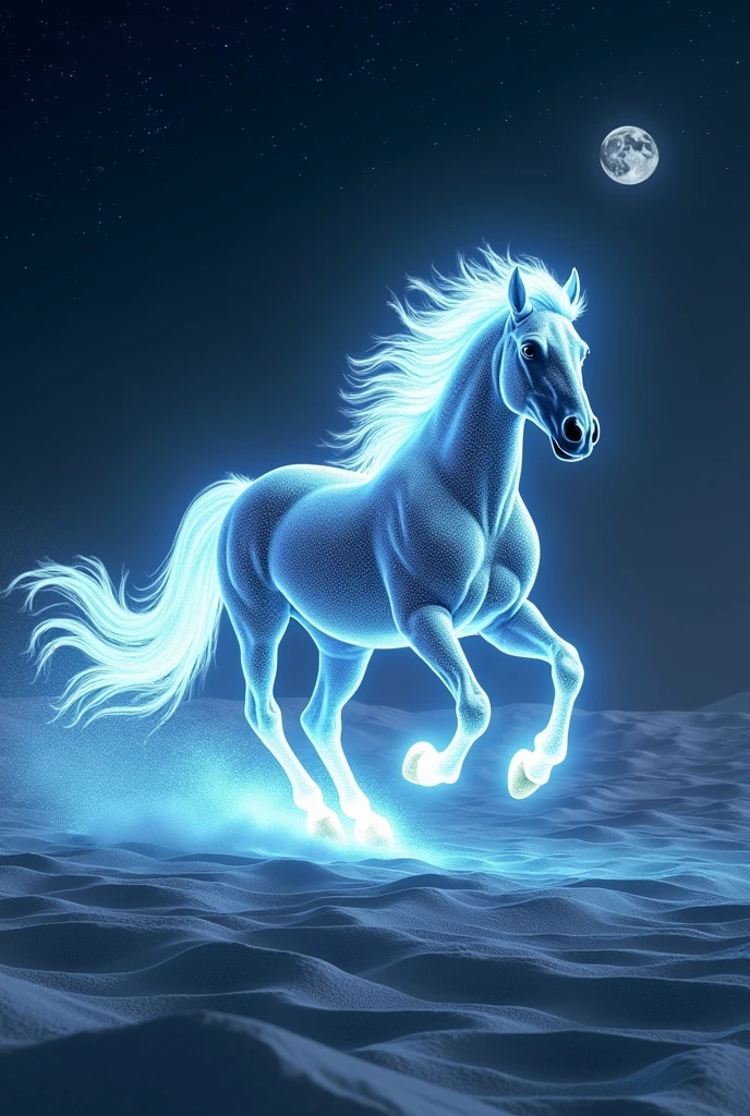 A photorealistic, ultra-detailed 4K cinematic image of a majestic horse galloping through a lunar desert where every grain of sand sparkles like a diamond. The horse's mane and tail are composed of long, flowing fluorescent streams of light that create a mesmerizing contrast against the dark, starry sky. Above, the sky is filled with colorful geometric patterns, resembling an abstract art canvas. The scene is illuminated by the soft glow of the moon, casting ethereal shadows across the desert. Shot with a wide-angle lens, capturing the surreal environment in breathtaking detail, with high contrast and HDR rendering.