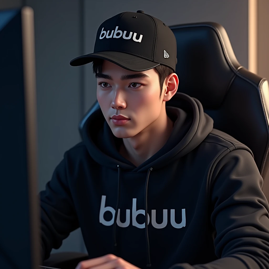 A handsome man sitting on a gaming chair wearing a black polite hoodie , while wearing a black ball cap with the name on the hoodie " BUBUU "