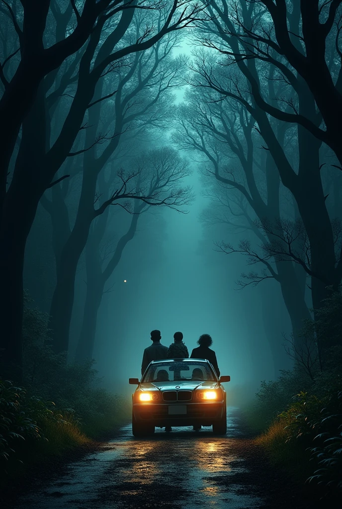 A family travels by car through a scary forest, with eyes staring at them the whole way.