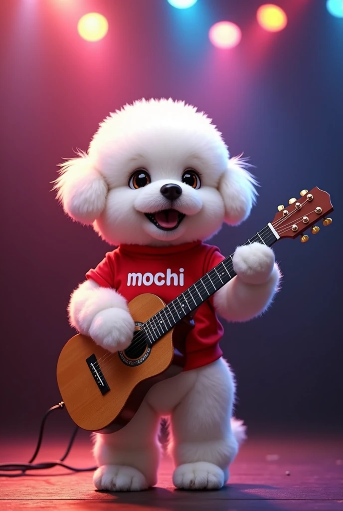 White haired bichon frise puppy wearing red shirt with MOCHI written on it, playing guitar and singing on stage, real, photo, 4 hp, hi-res, film, illuminated, colorful,