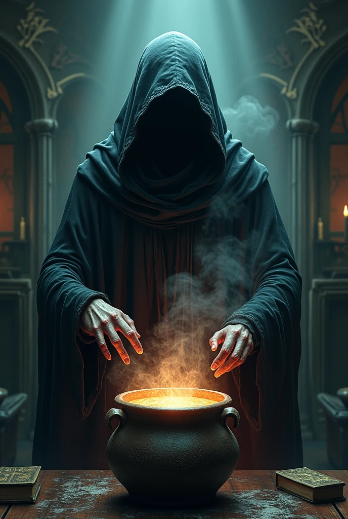 The creepy with doing something with her magic pot.