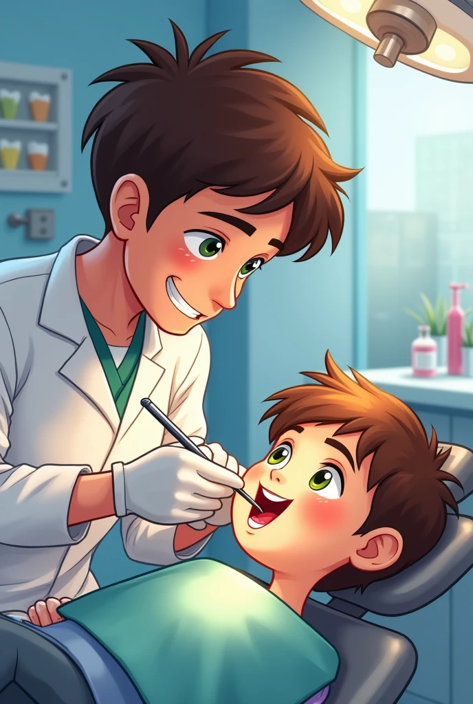Drawing of a young male dentist performing a treatment to fill a tooth with cavities on a child with brown hair, green eyes and pretty round cheeks