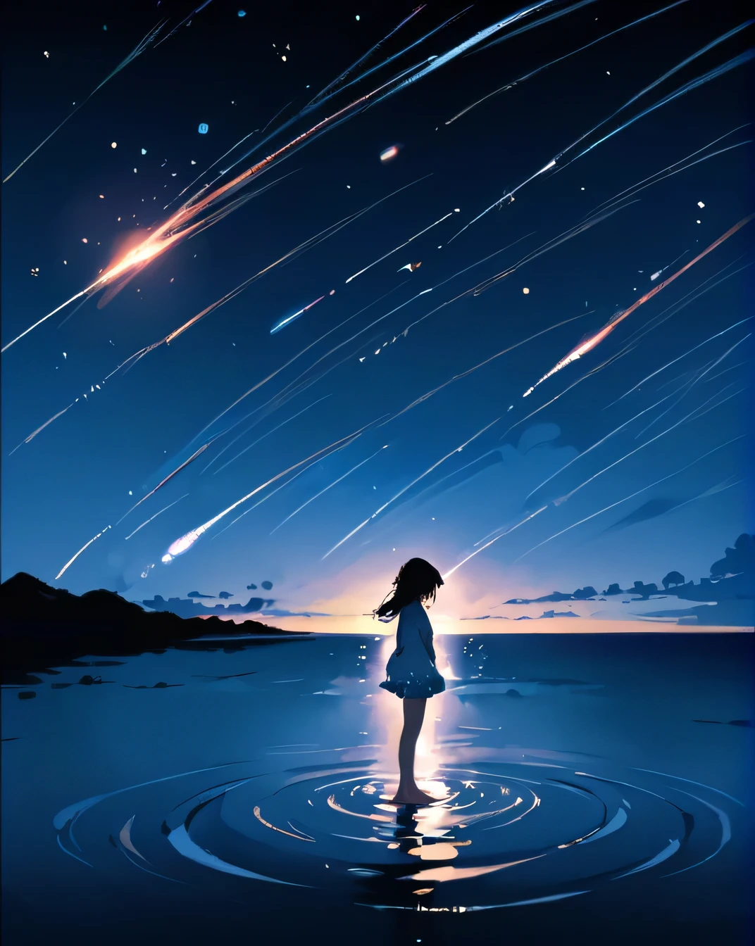 ((masterpiece, Highest quality)), At night, Light clothing, girl, Put one foot in the sea using only your toes, girl standing, girl sideways, girl between the horizon and the sea, Side view, Ripples spread from my toes, The scene is about 20 metres away., On the Sea, At night, the whole scene is shining, There is a meteor shower