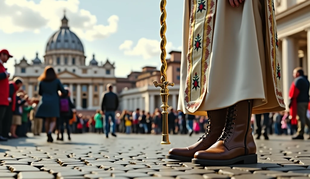 The camera is on the ground and the focal point of the image is the Pope's feet and next to it a golden papal scepter. The Pope is wearing brown, laceless, high-top leather boots with a zipper on the inside, typical of field workers. The Pope wears a white tunic decorated with papal insignia and a long cloak. The backdrop is a panoramic view of St. Peter's Square in the Vatican, crowded with tourists. The scene captures the moment of religious significance and the historical and artistic richness of St. Peter's Square. Ultrarealistic Ultrarealistic photo, 16k, ultra high resolution, photorealistic, Ultra HD.
