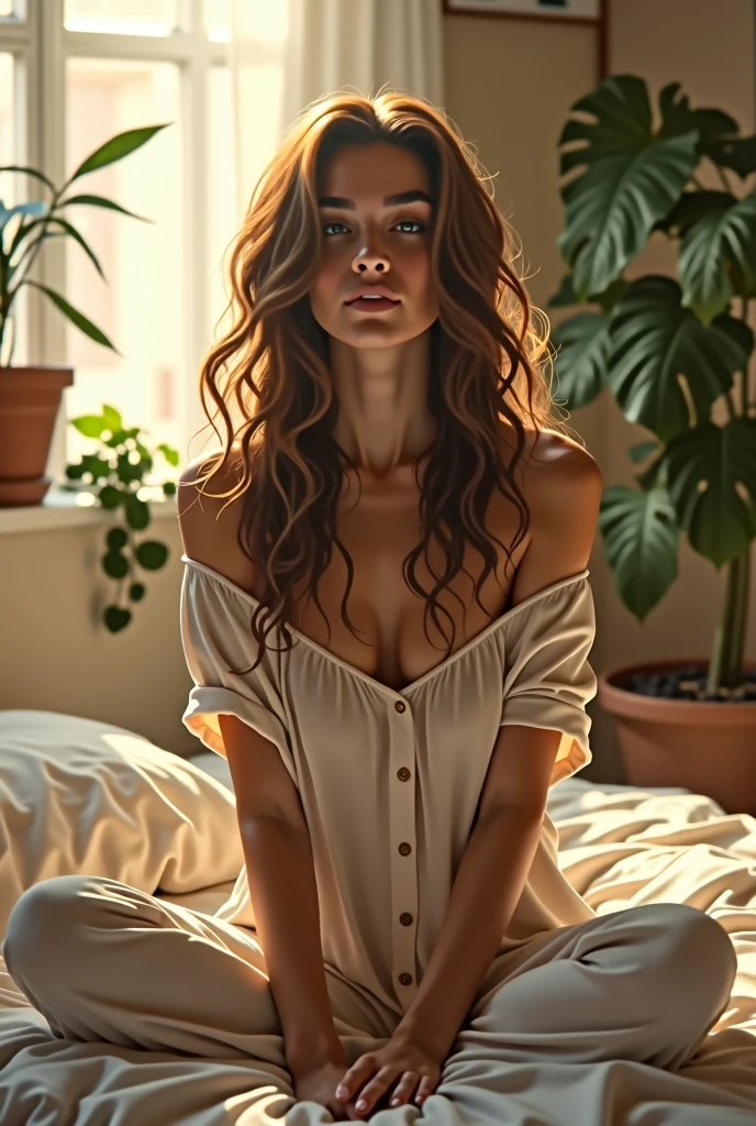 (photorealism:1.2), beautiful woman, sitting on bed, wearing loose off-shoulder top, pajama pants, long curly hair, indoors, soft lighting, plants in background, window with sunlight, cozy room, relaxed pose, realistic, intricate details, warm colors, by Greg Rutkowski, by Alphonse Mucha